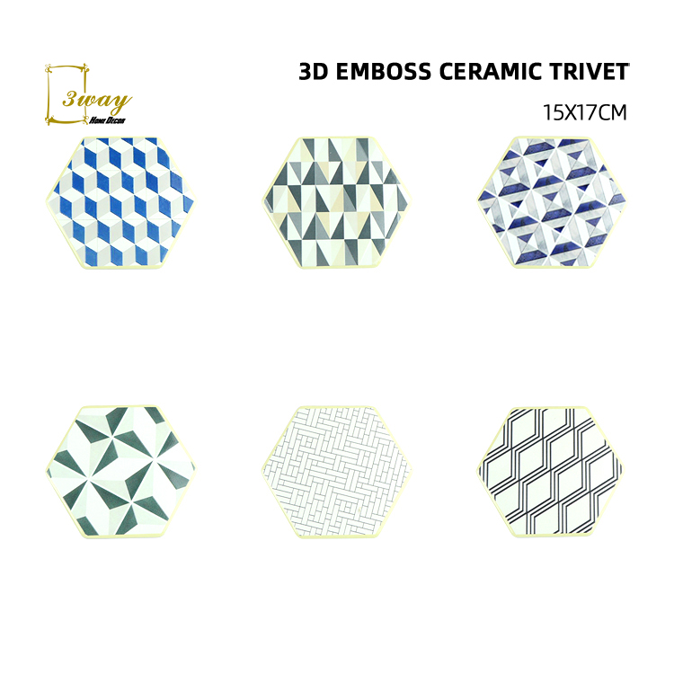 2022 New Design 3D EMBOSSED hot pot mat hexagon ceramic trivet  for customized design