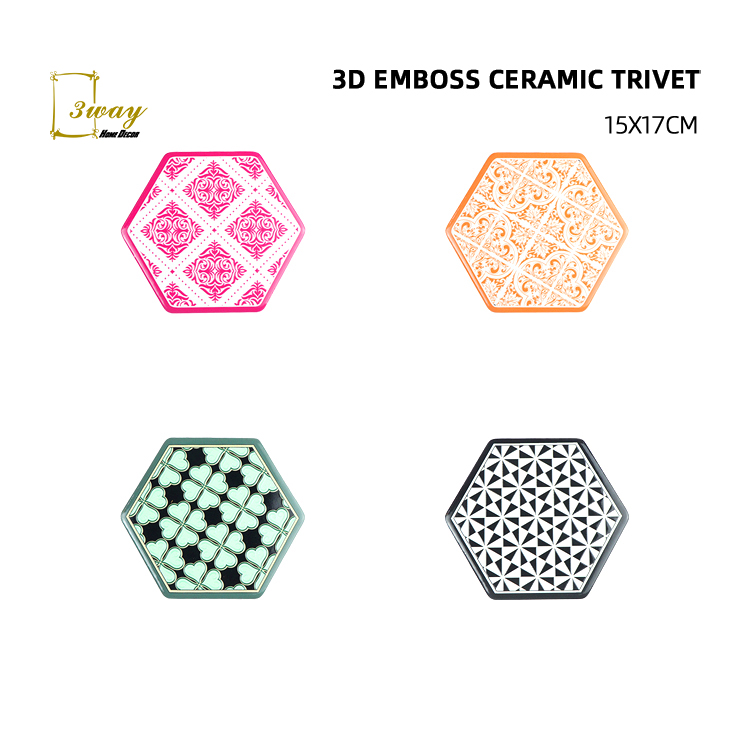 2022 New Design 3D EMBOSSED Custom hexagon kitchen ceramic trivet  for hot pot washable