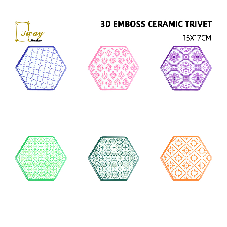 2022 New Design 3D EMBOSSED hexagon kitchen dining table ceramic trivet heat resistant eco friendly